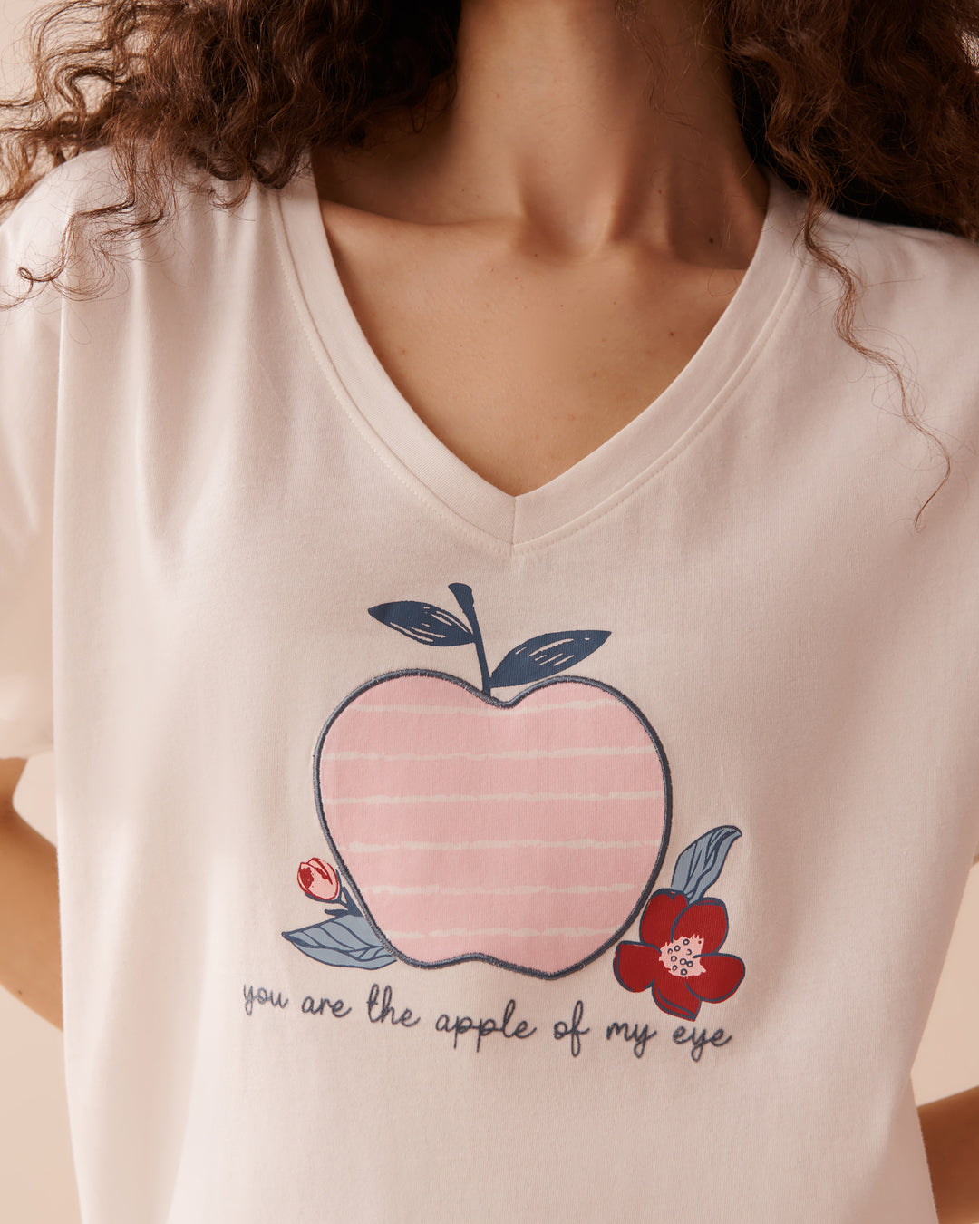 Apple Print Cotton V-neck T-shirt - China Blue Wording Screen