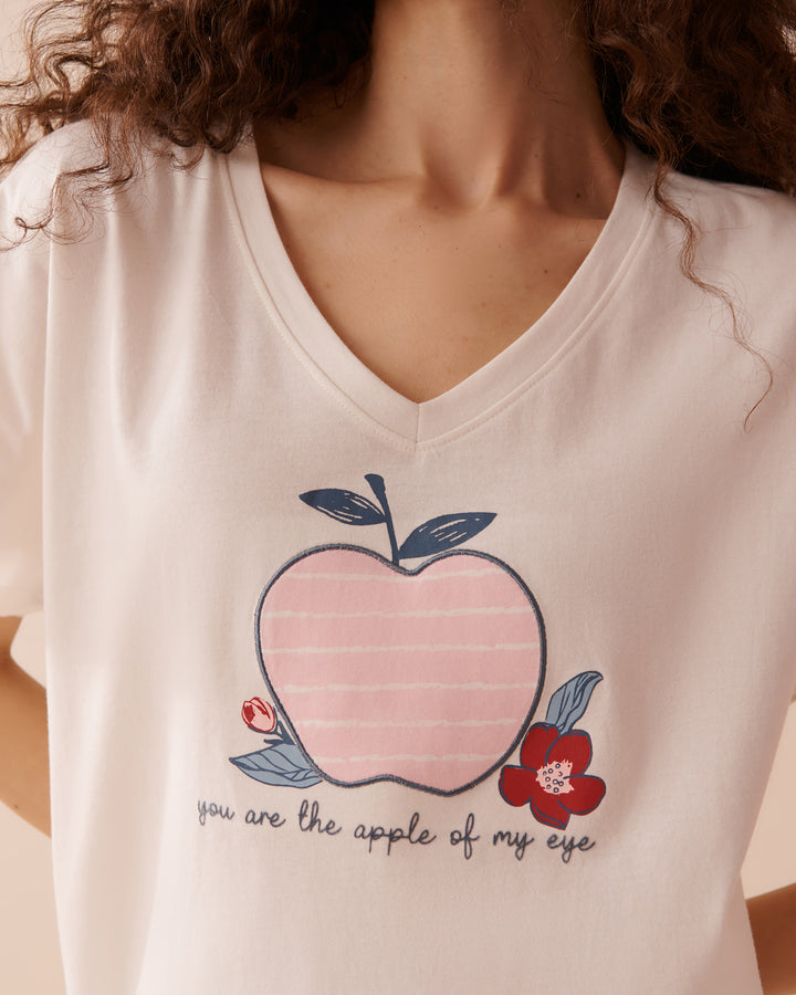 Apple Print Cotton V-neck T-shirt - Snow White