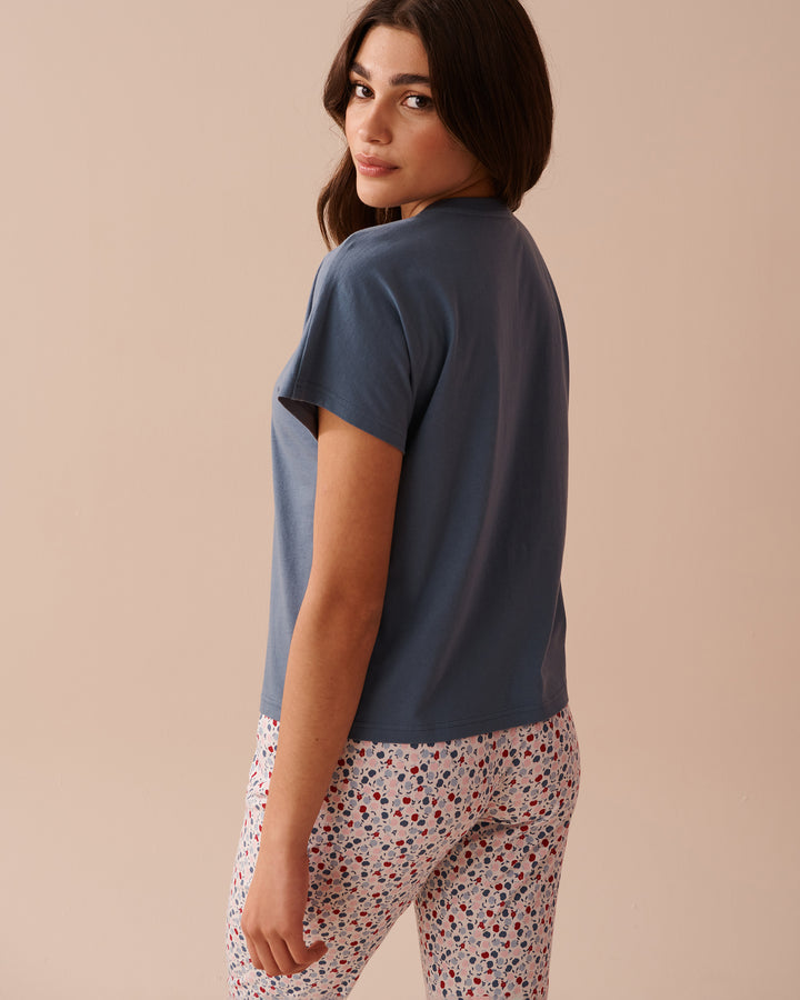 Apple Print Cotton V-neck T-shirt - China Blue Wording Screen
