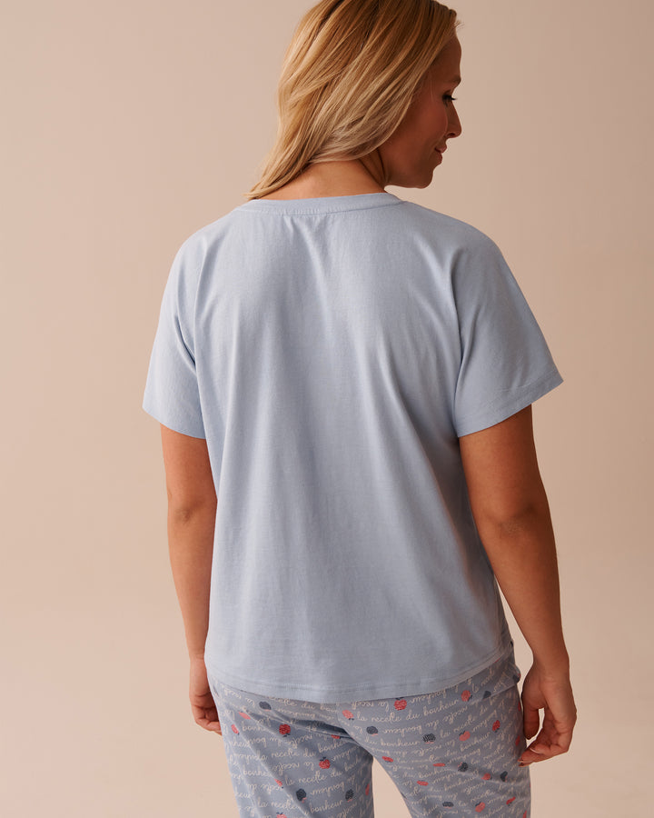 Apple Print Cotton V-neck T-shirt - China Blue