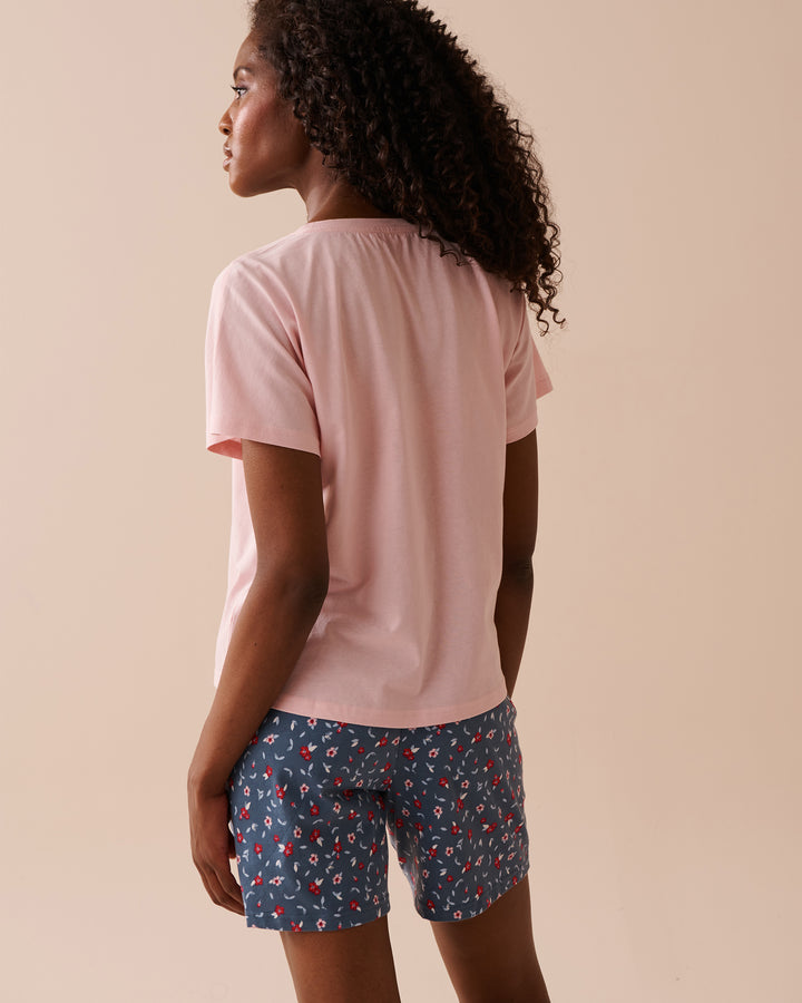Apple Print Cotton V-neck T-shirt - Chalk Pink