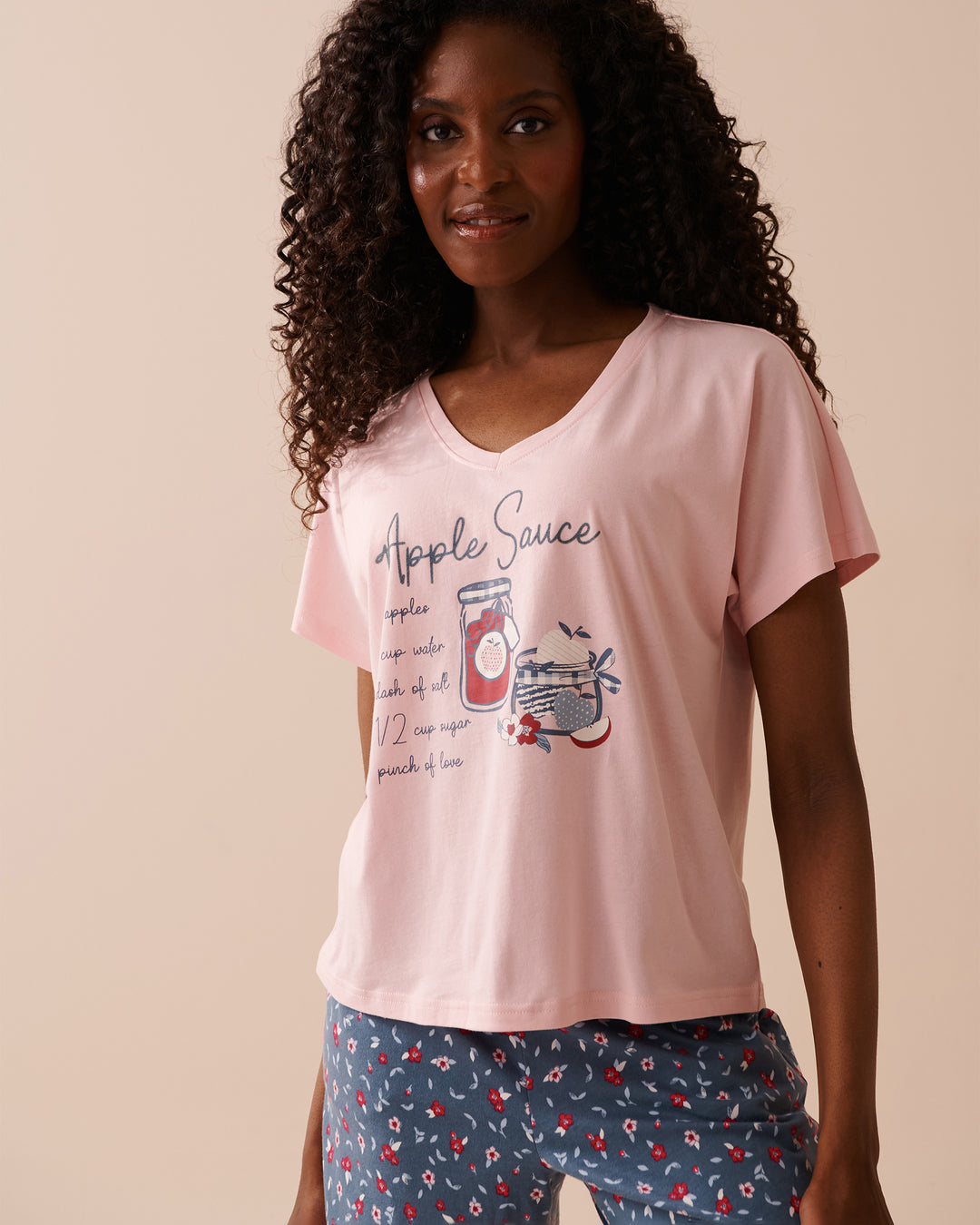Apple Print Cotton V-neck T-shirt - China Blue