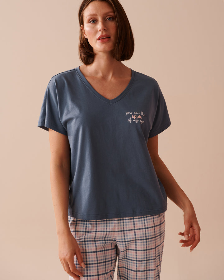 Apple Print Cotton V-neck T-shirt - China Blue Wording Screen