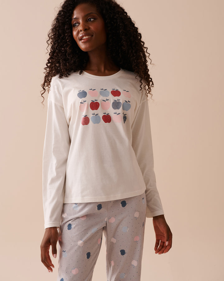 Apple Print Cotton Long Sleeve Shirt - Blue Fog