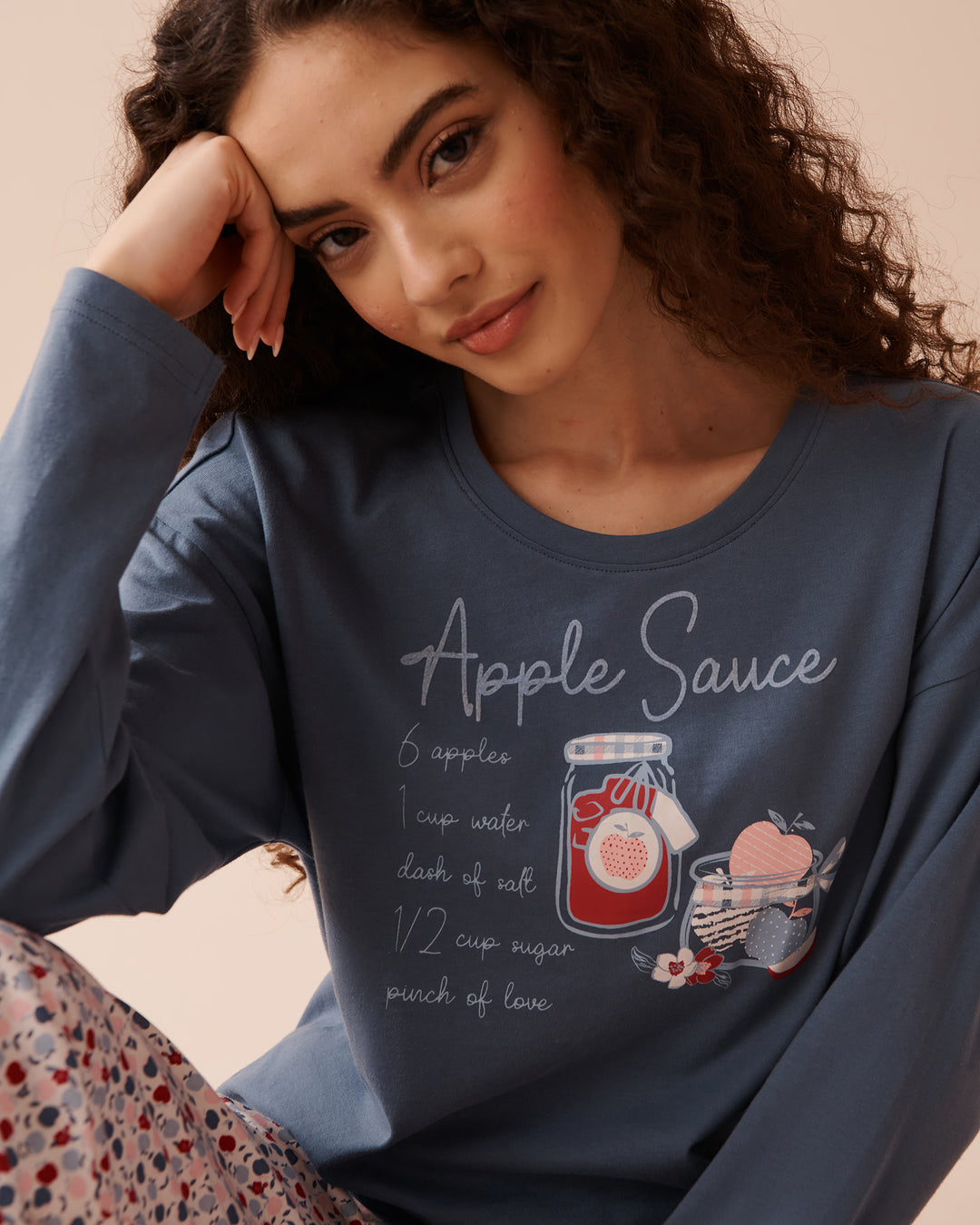 Apple Print Cotton Long Sleeve Shirt - Blue Fog