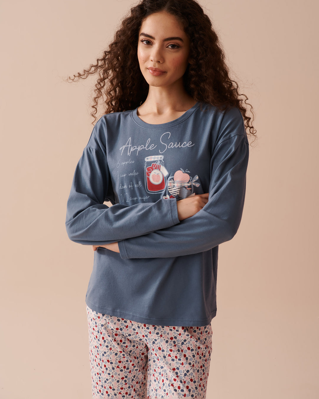 Apple Print Cotton Long Sleeve Shirt - Chalk Pink