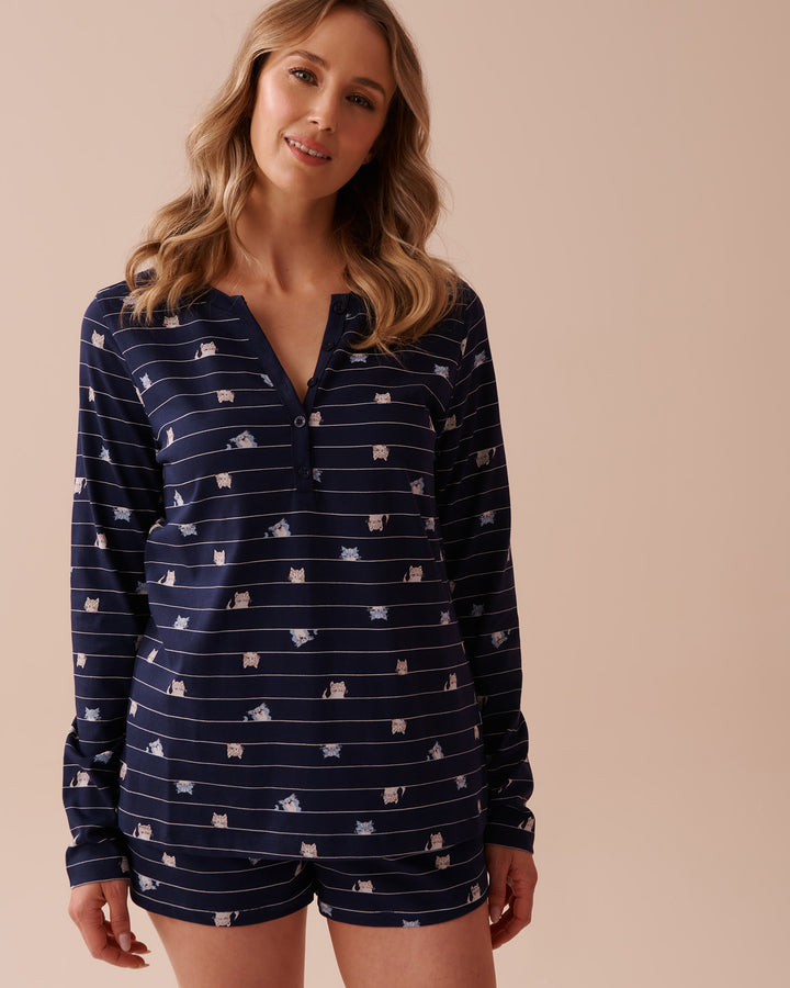Cat Print Cotton Long Sleeve Henley Shirt - Evening Blue Stripe Cat