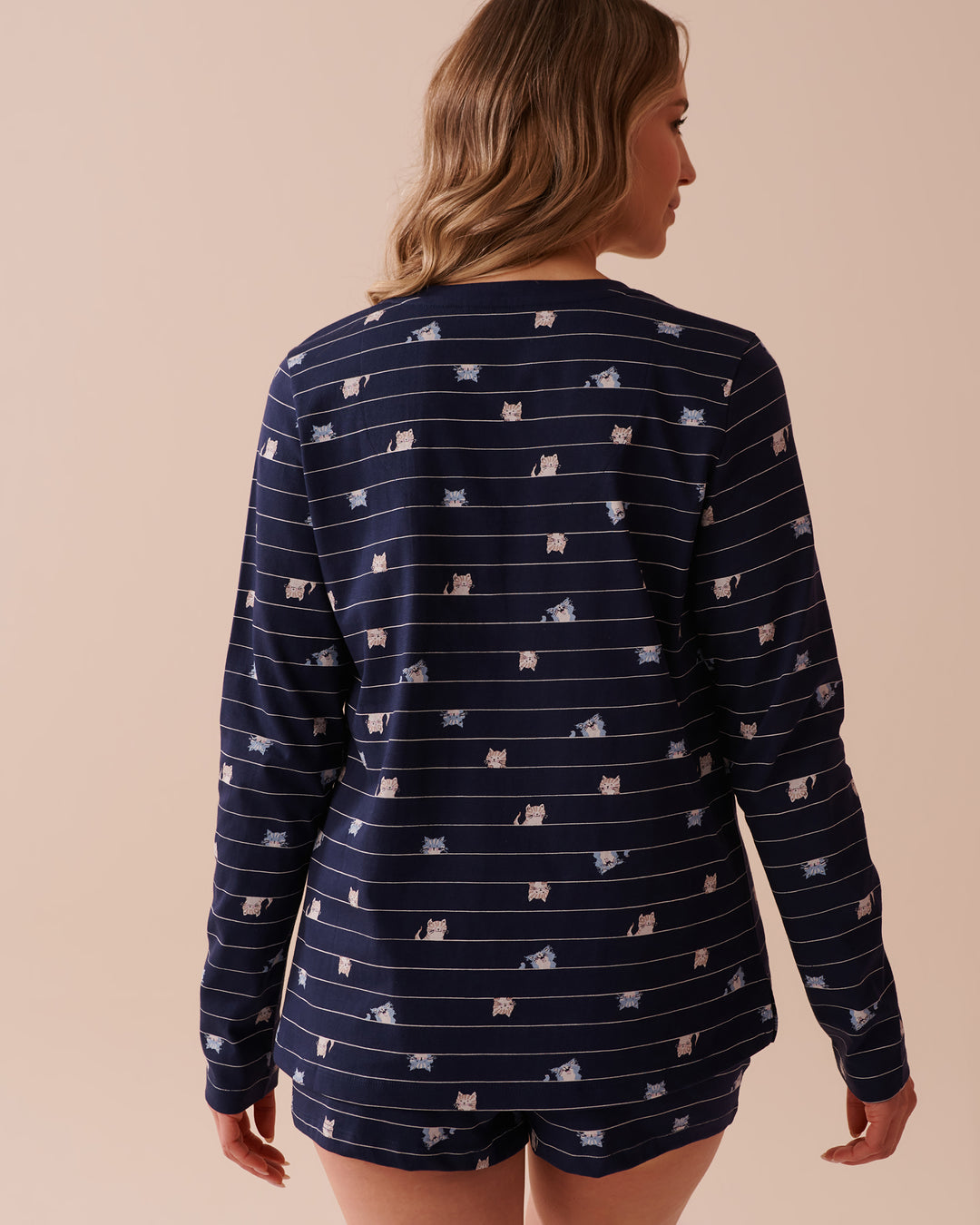 Cat Print Cotton Long Sleeve Henley Shirt - Evening Blue Stripe Cat
