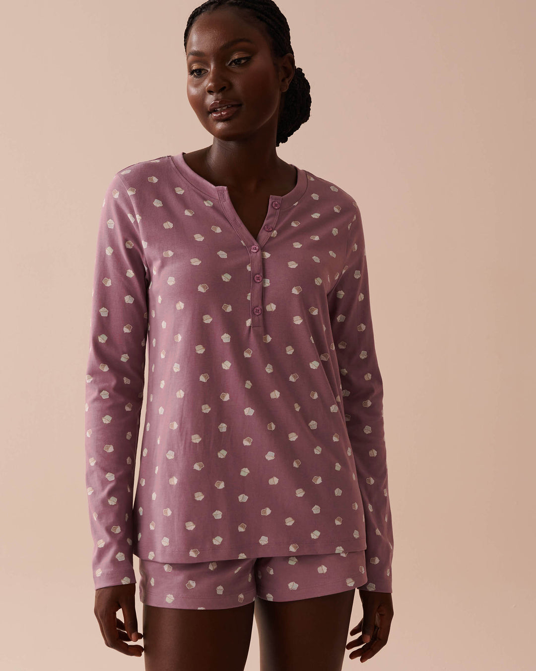Cat Print Cotton Long Sleeve Henley Shirt - Evening Blue Stripe Cat