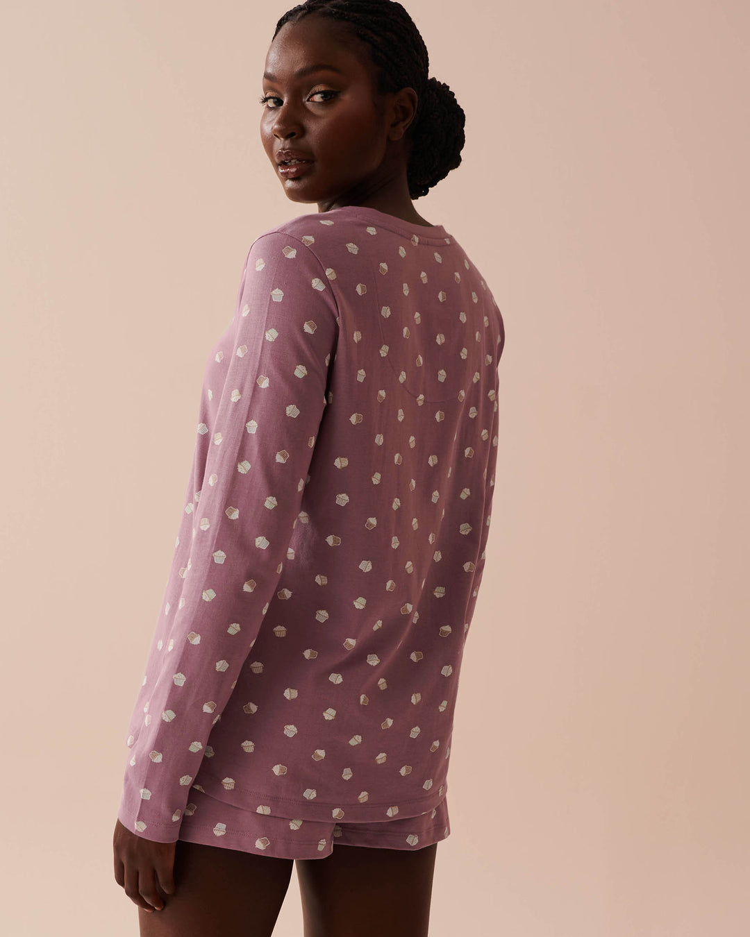 Cat Print Cotton Long Sleeve Henley Shirt - Very Grape Cupcakes