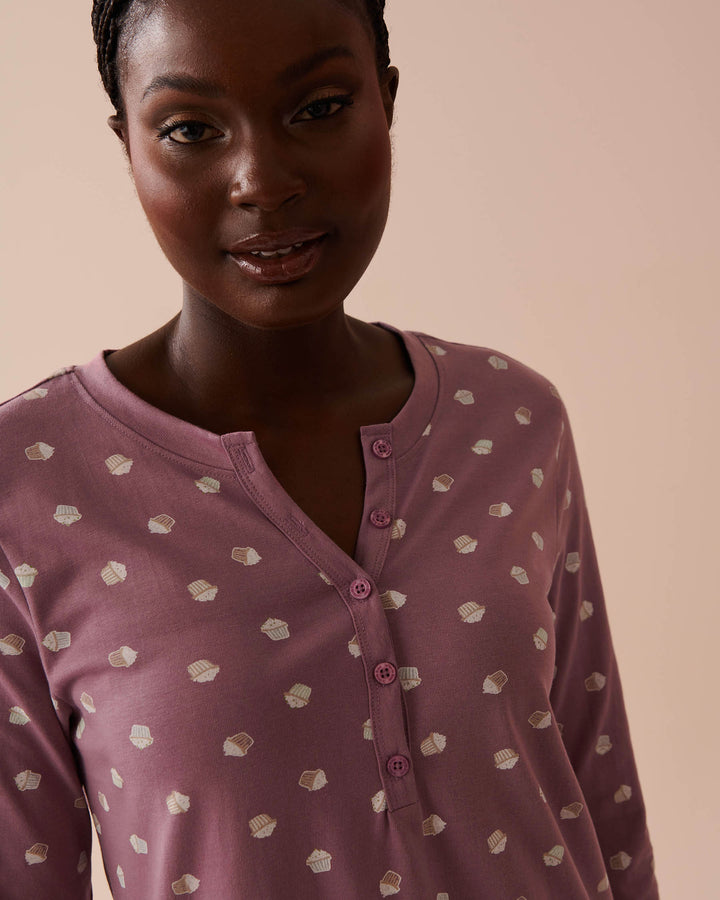Cat Print Cotton Long Sleeve Henley Shirt - Very Grape Cupcakes