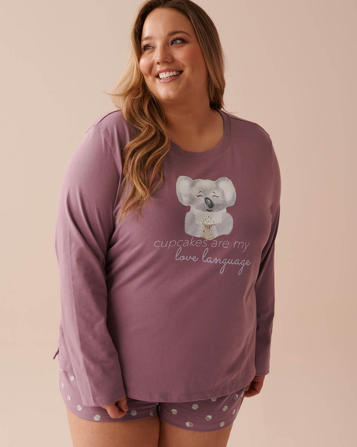 Cat Print Cotton Long Sleeve Shirt - Snow White Koala Screen