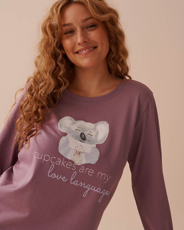 Cat Print Cotton Long Sleeve Shirt - Snow White Koala Screen