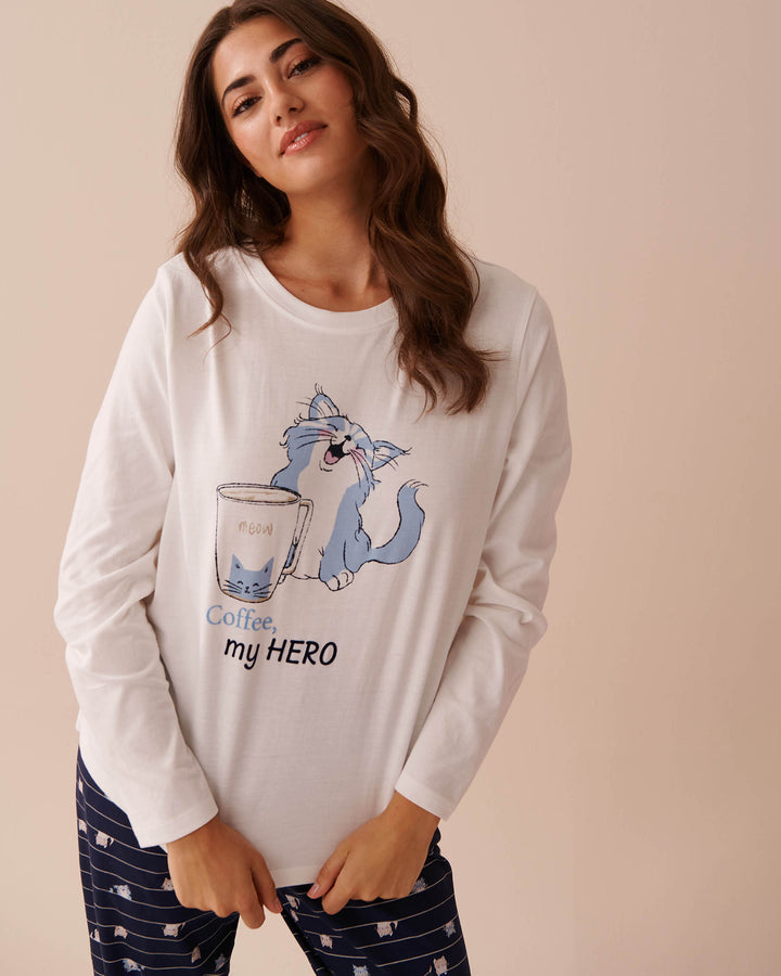 Cat Print Cotton Long Sleeve Shirt - Snow White Koala Screen