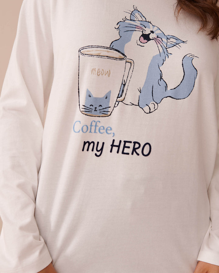 Cat Print Cotton Long Sleeve Shirt - Snow White Koala Screen