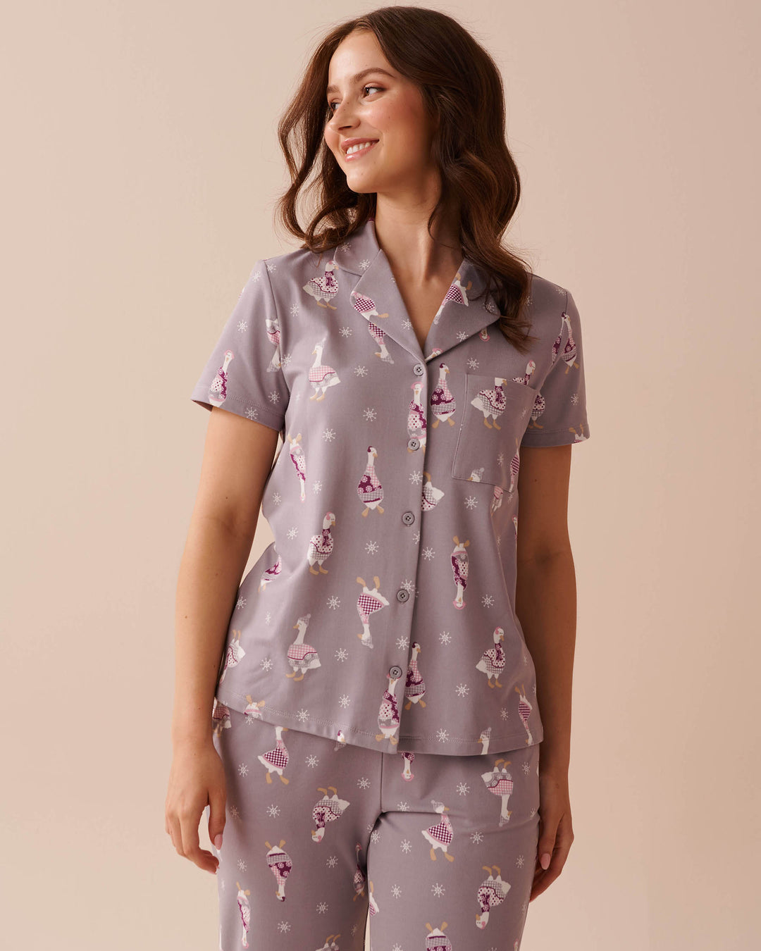 Goose Print Cozy Button-down Shirt - Lilac Gray Goose