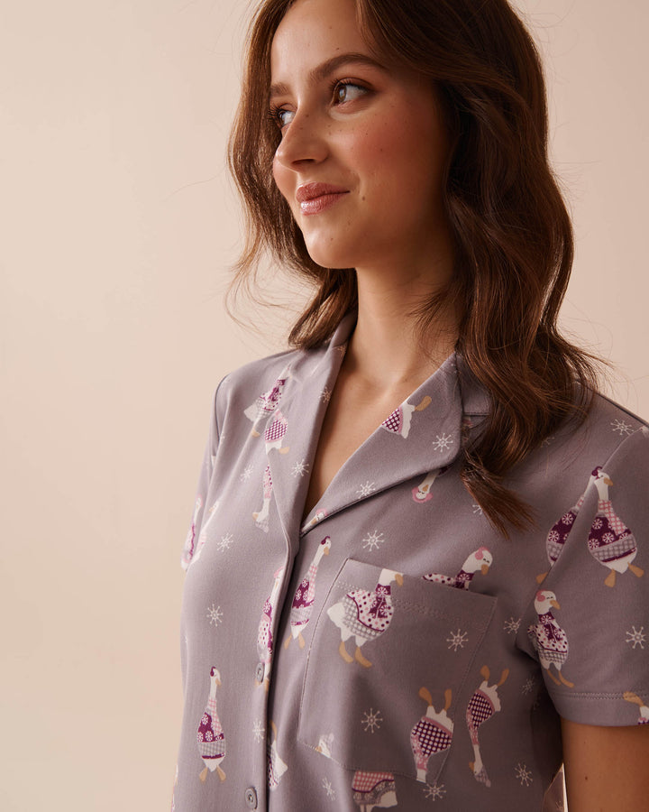 Goose Print Cozy Button-down Shirt - Lilac Gray Goose