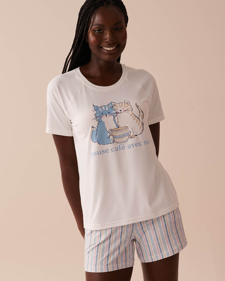 Cat Print Super Soft T-shirt - Snow White