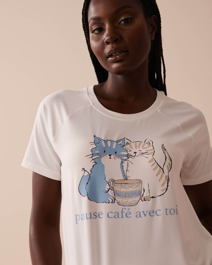 Cat Print Super Soft T-shirt - Snow White