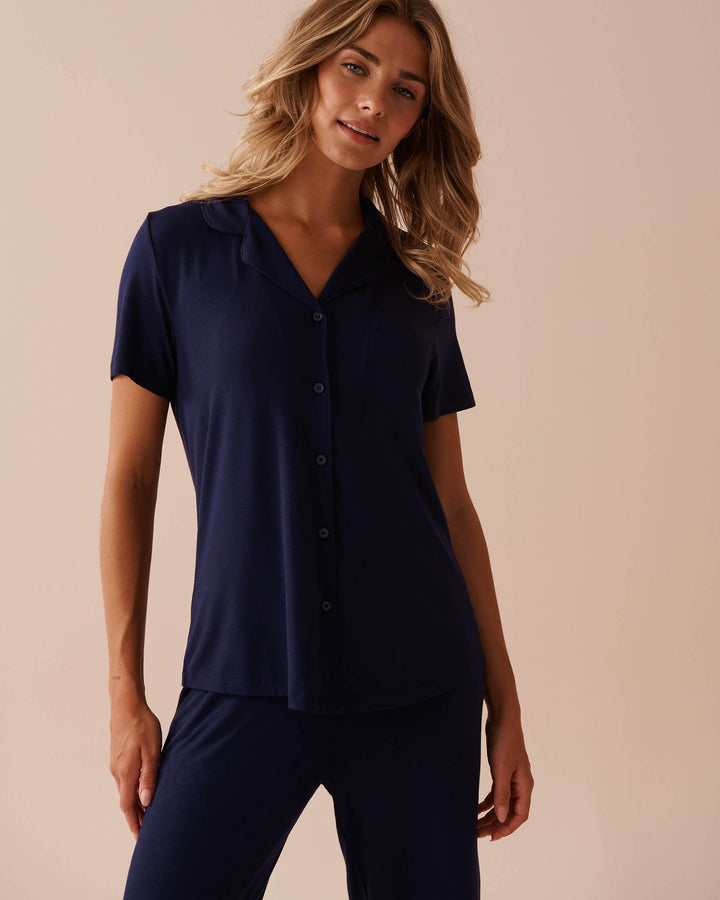 Soft Jersey Short Sleeve Button-down Shirt - Evening Blue