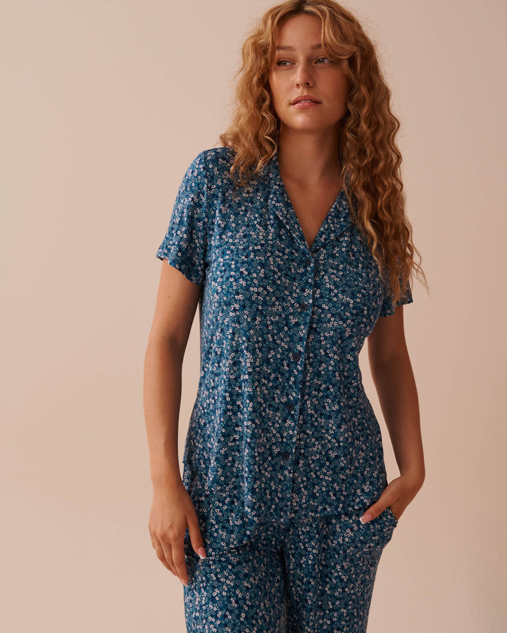 Soft Jersey Short Sleeve Button-down Shirt - Evening Blue