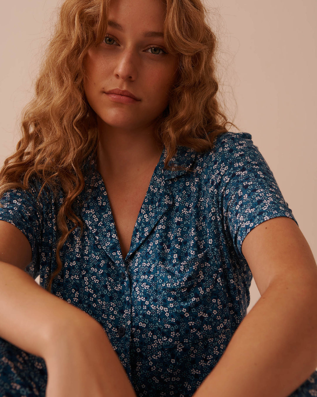 Soft Jersey Short Sleeve Button-down Shirt - Navy Disty Stars