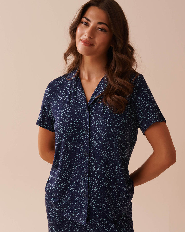 Soft Jersey Short Sleeve Button-down Shirt - Evening Blue