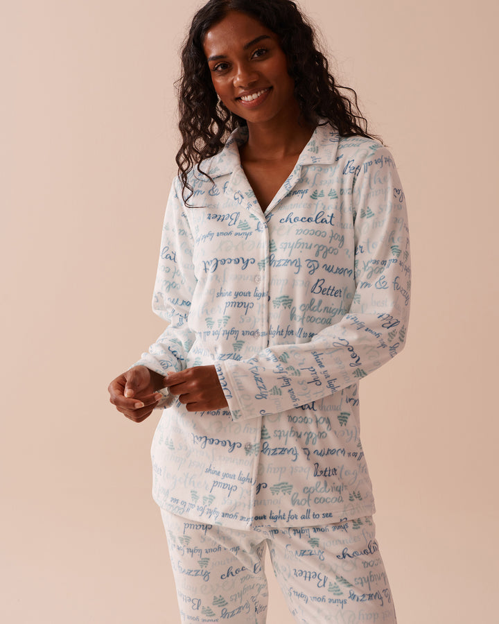 Winter Print Soft Velour Button-down Shirt - Cold Nights Wording