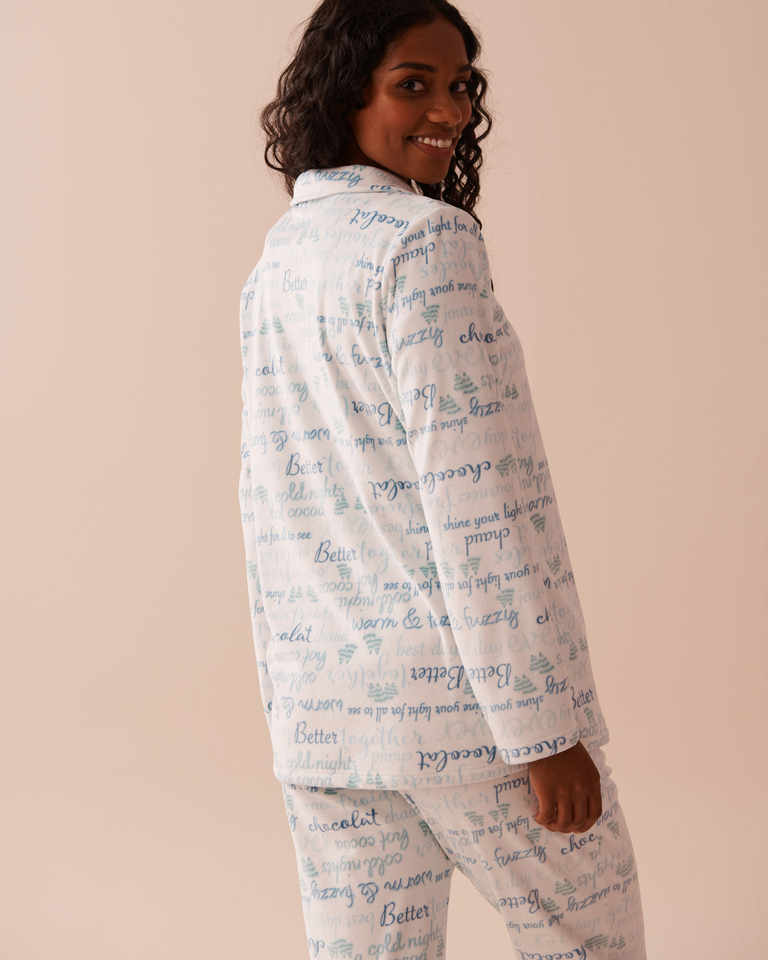 Winter Print Soft Velour Button-down Shirt - Cold Nights Wording