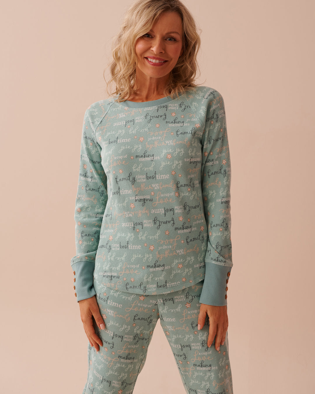 Winter Print Waffle Knit Long Sleeve Shirt - Aquifer Wordings