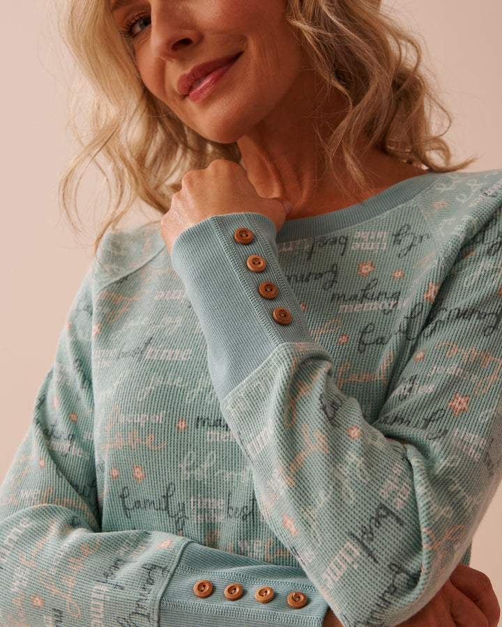 Winter Print Waffle Knit Long Sleeve Shirt - Aquifer Wordings