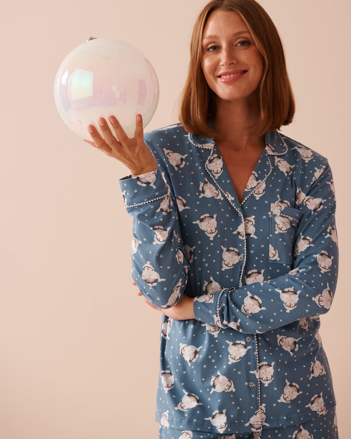Penguin Print Super Soft Button-down Shirt - Blue Shadow Penguin