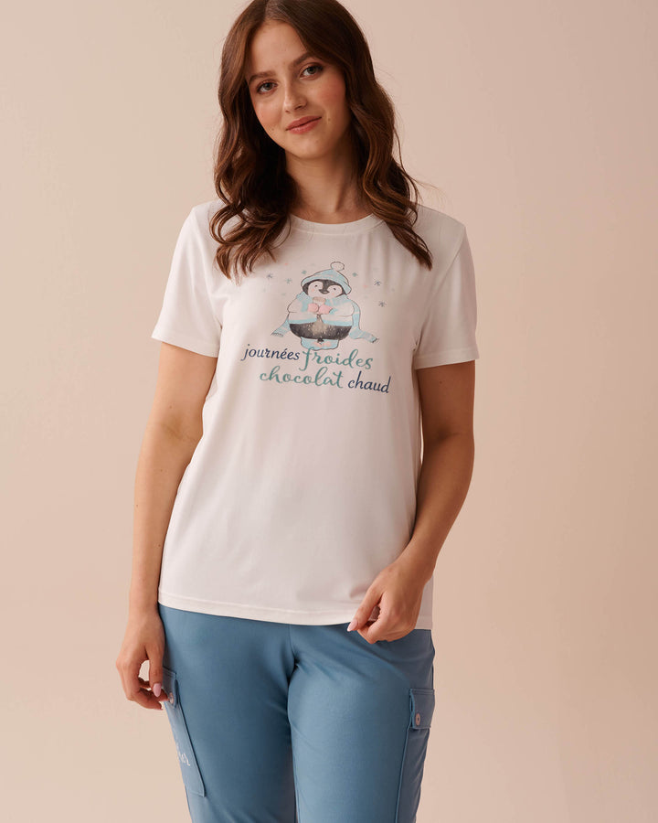 Penguin Print Super Soft Crew Neck T-shirt - Snow White