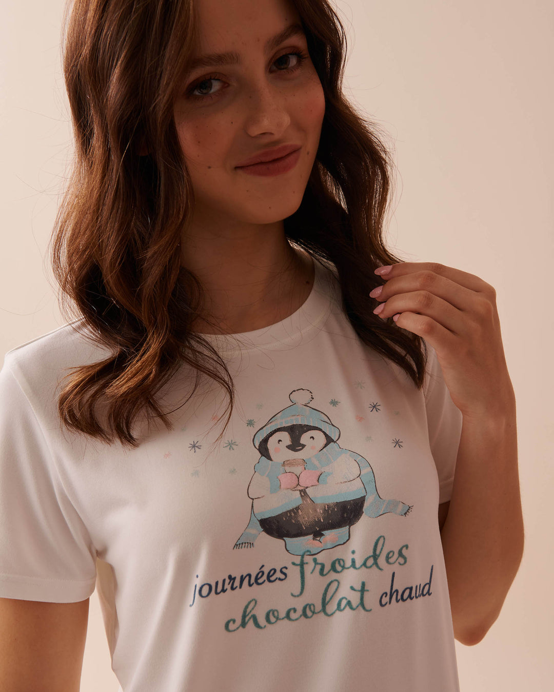 Penguin Print Super Soft Crew Neck T-shirt - Snow White