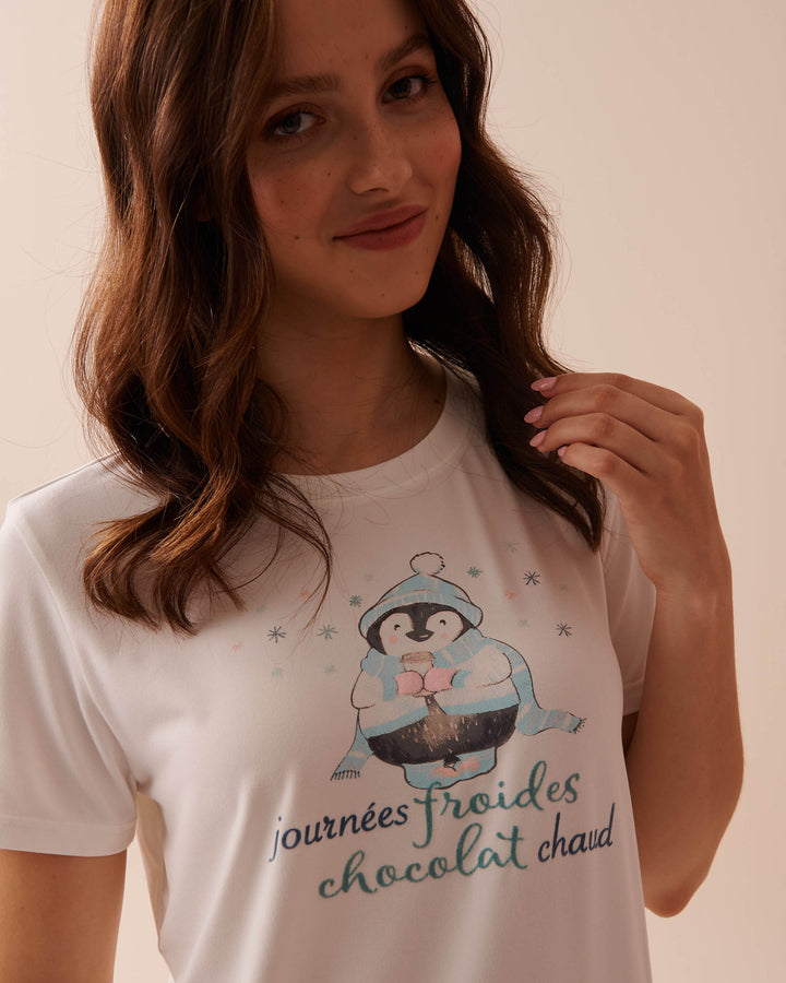 Penguin Print Super Soft Crew Neck T-shirt - Snow White