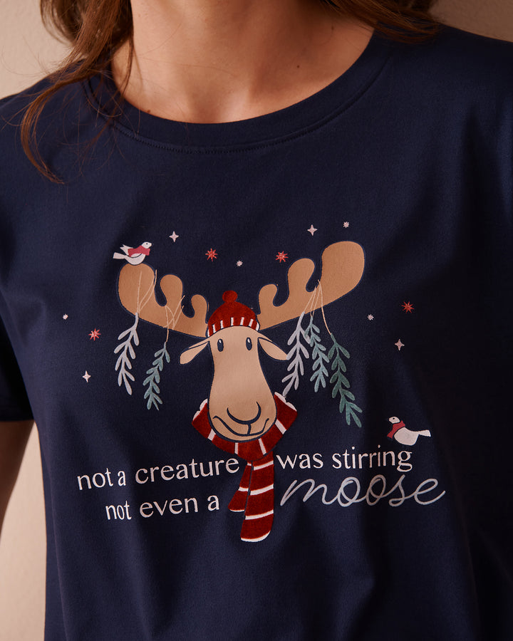Moose Print Super Soft Crew Neck T-shirt - Evening Blue