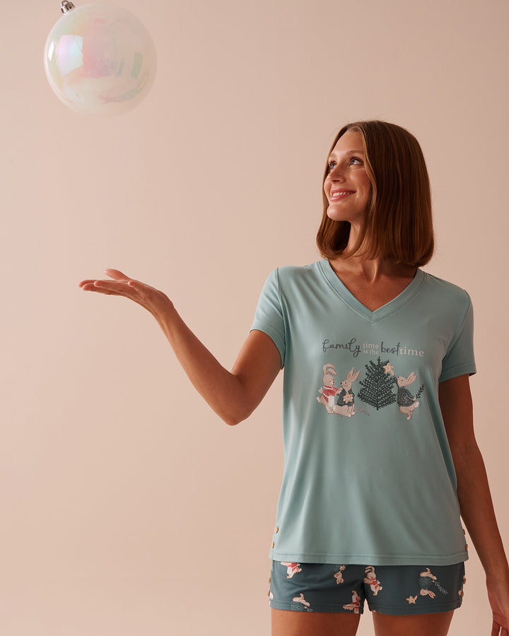 Rabbit Print Super Soft V-neck T-shirt - Aquifer