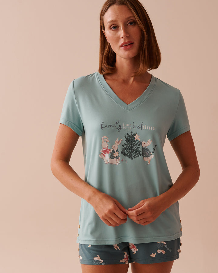 Rabbit Print Super Soft V-neck T-shirt - Aquifer