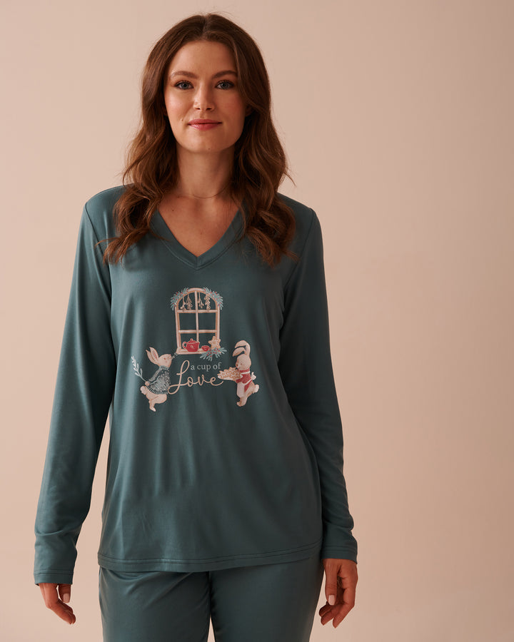 Rabbit Print Super Soft Long Sleeve Shirt - North Atlantic