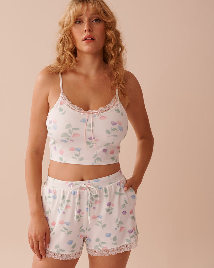 Tulip Print Super Soft Crop Cami - Snow White Multi Floral