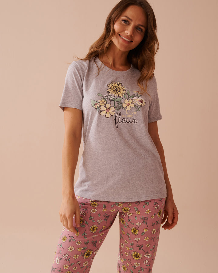 Sunflower Print Cotton Crew Neck T-shirt - Frosty Green
