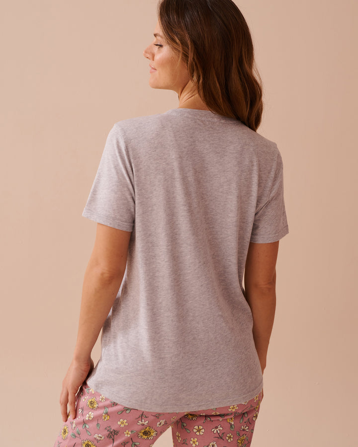 Sunflower Print Cotton Crew Neck T-shirt - Comfy Grey Mix