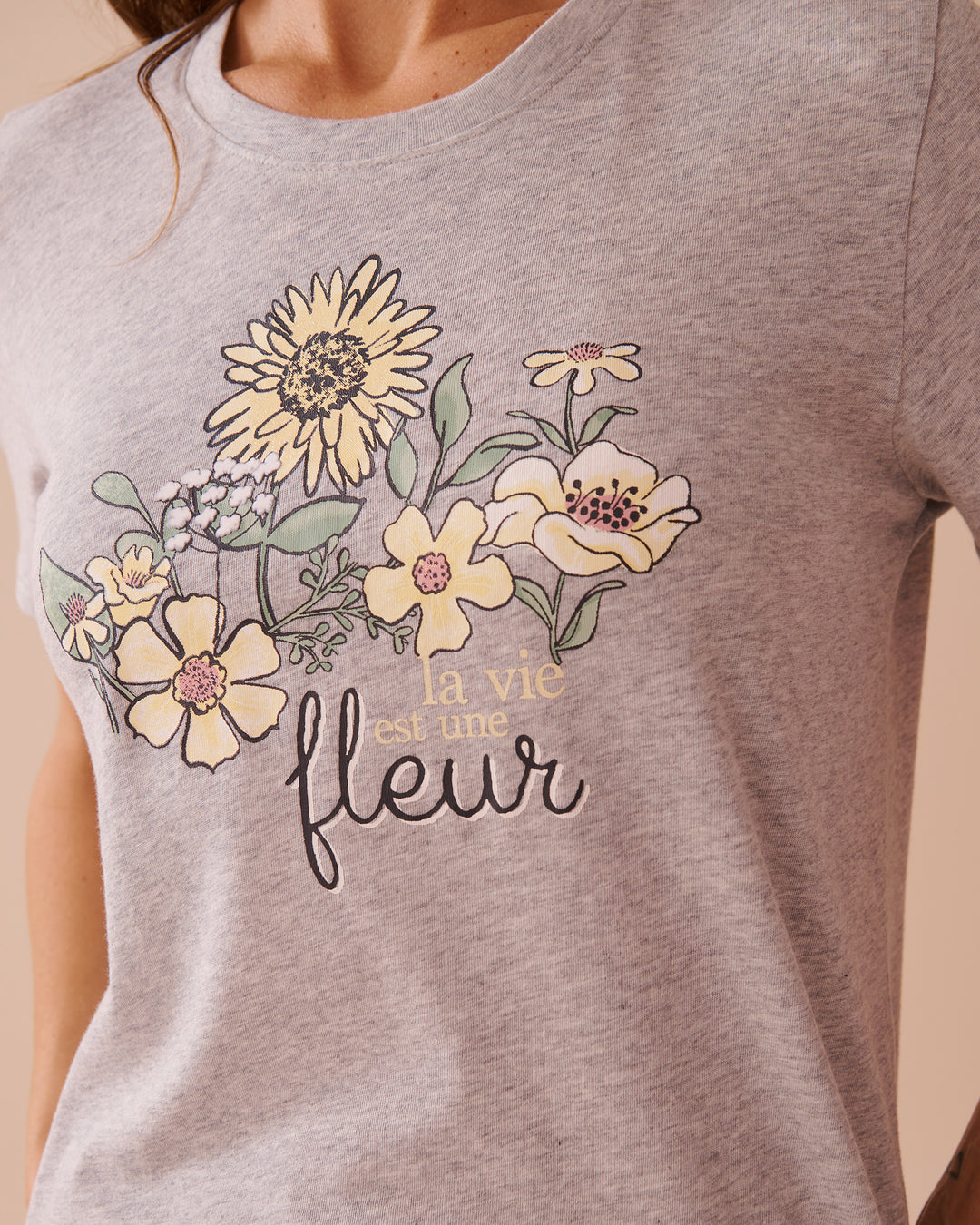 Sunflower Print Cotton Crew Neck T-shirt - Frosty Green