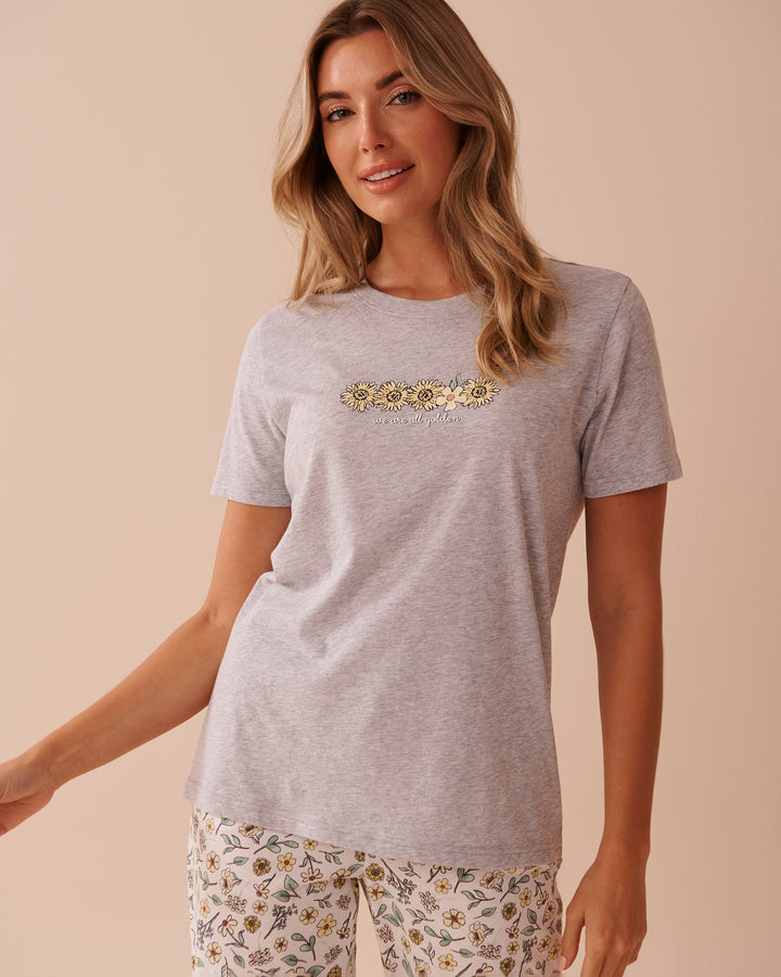 Sunflower Print Cotton Crew Neck T-shirt - Frosty Green