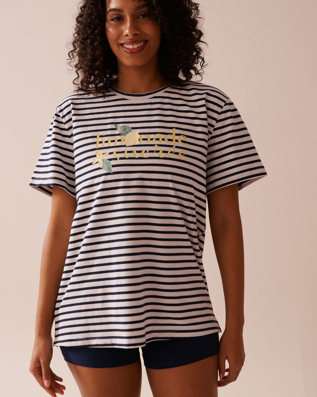 Lemon Print and Stripes Cotton T-shirt - Snow White Navy Stripe