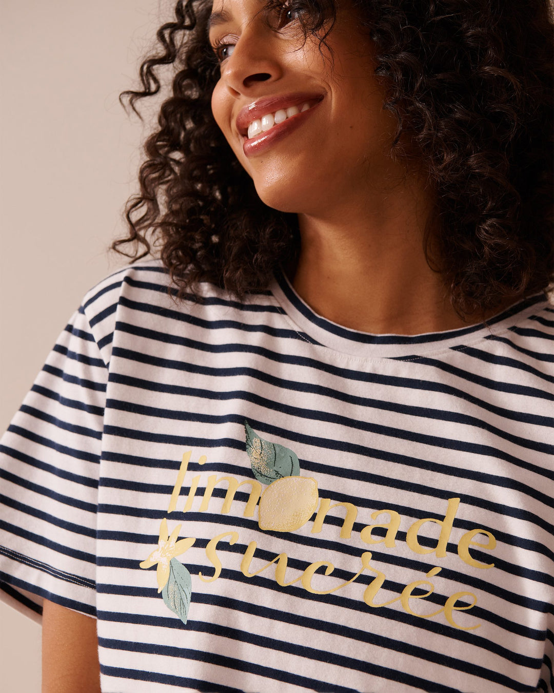 Lemon Print and Stripes Cotton T-shirt - Snow White Navy Stripe