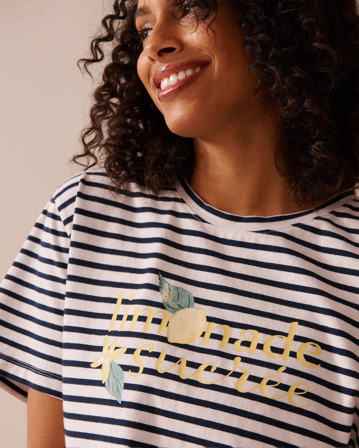 Lemon Print and Stripes Cotton T-shirt - Snow White Navy Stripe