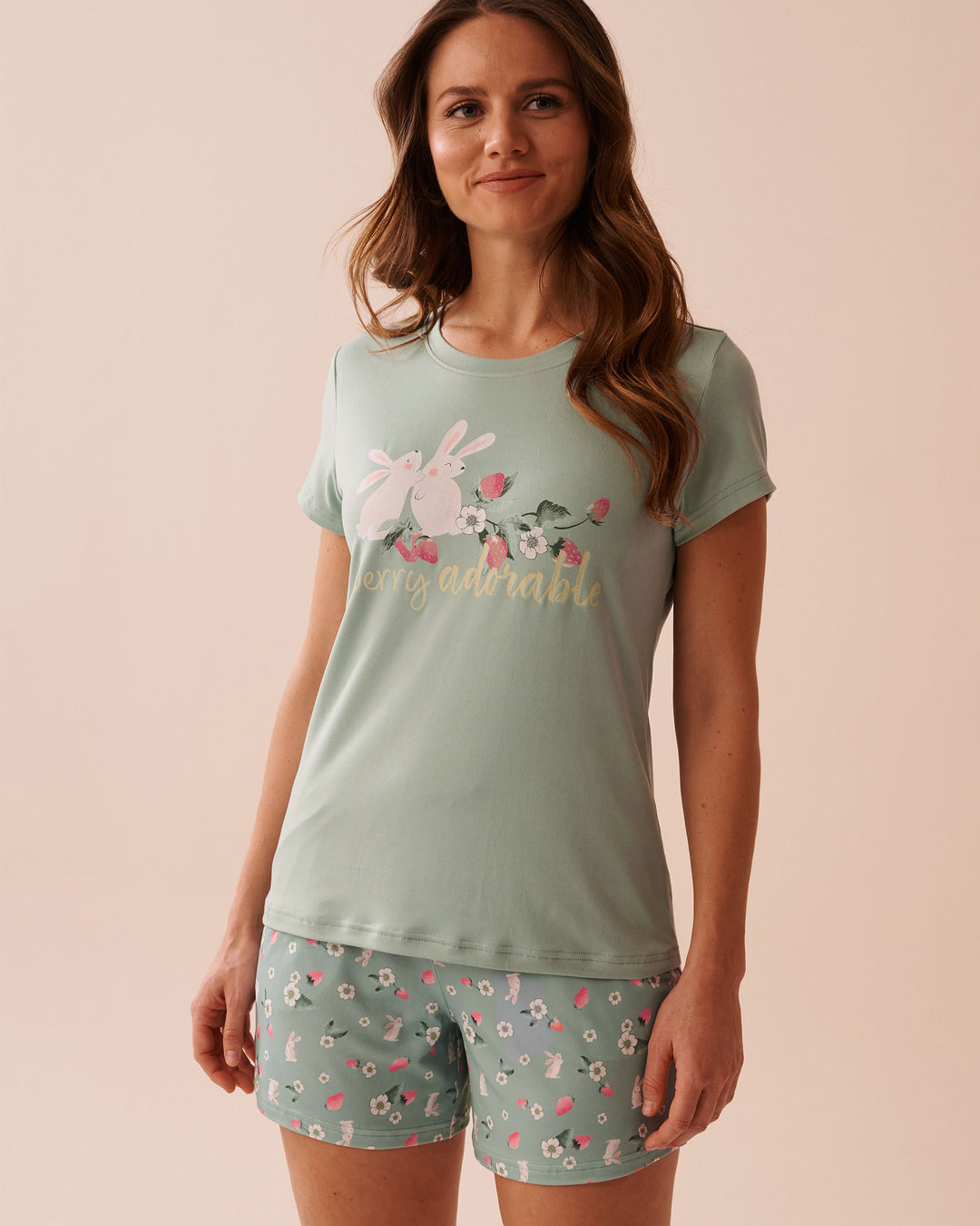 Rabbit &amp; Strawberry Print Super Soft T-shirt - Blue Surf