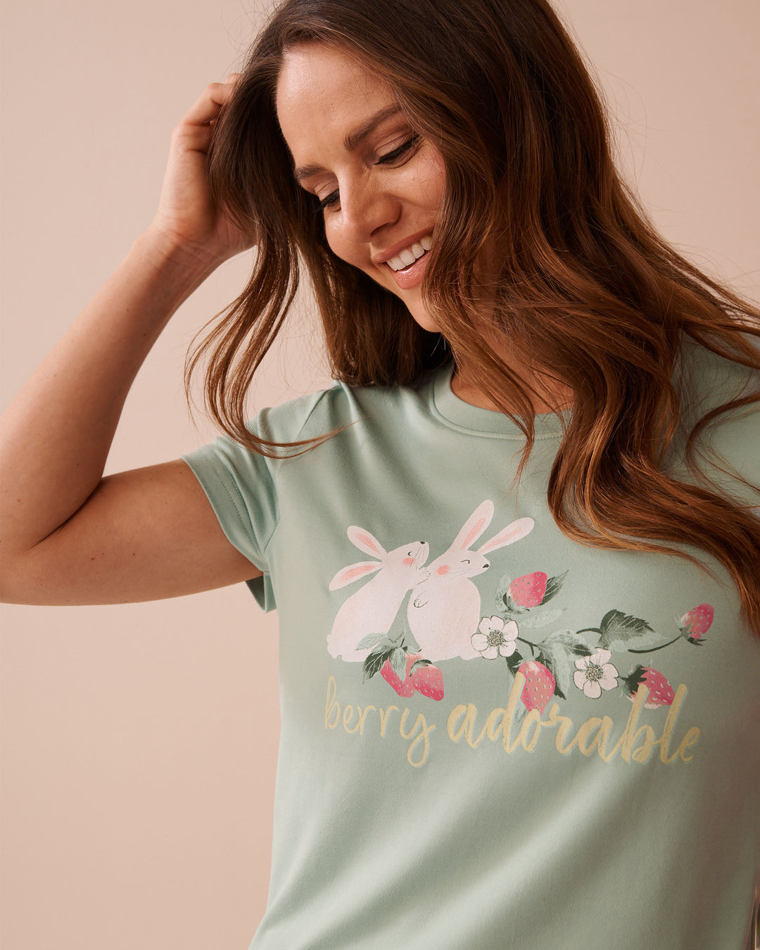 Rabbit &amp; Strawberry Print Super Soft T-shirt - Blue Surf