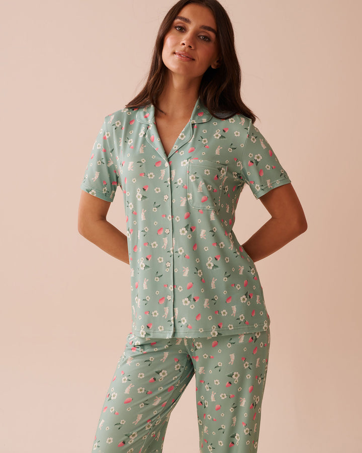 Rabbit &amp; Strawberry Print Super Soft Button-down S - Blue Surf Ditsy